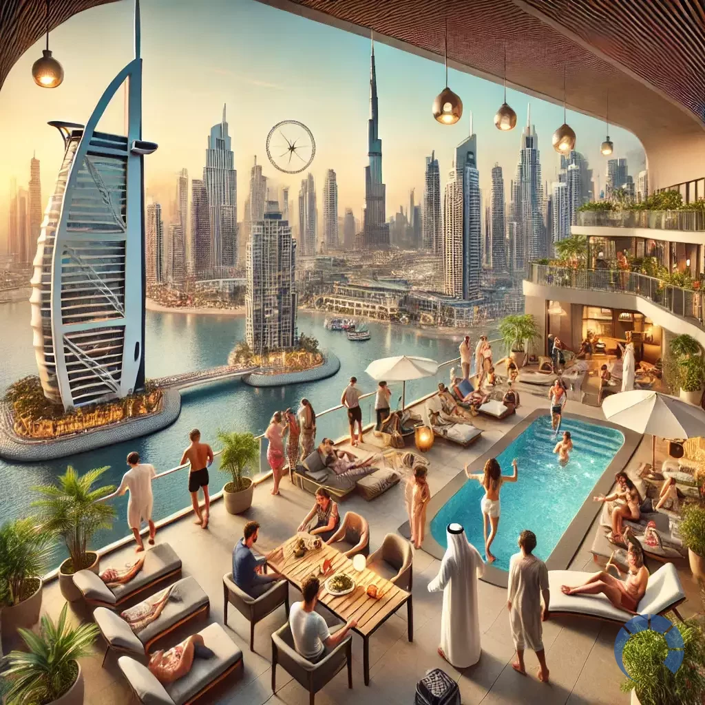 boom in Dubai's Airbnb business. The scene shows various tourists from around the world enjoying their stays in beaut