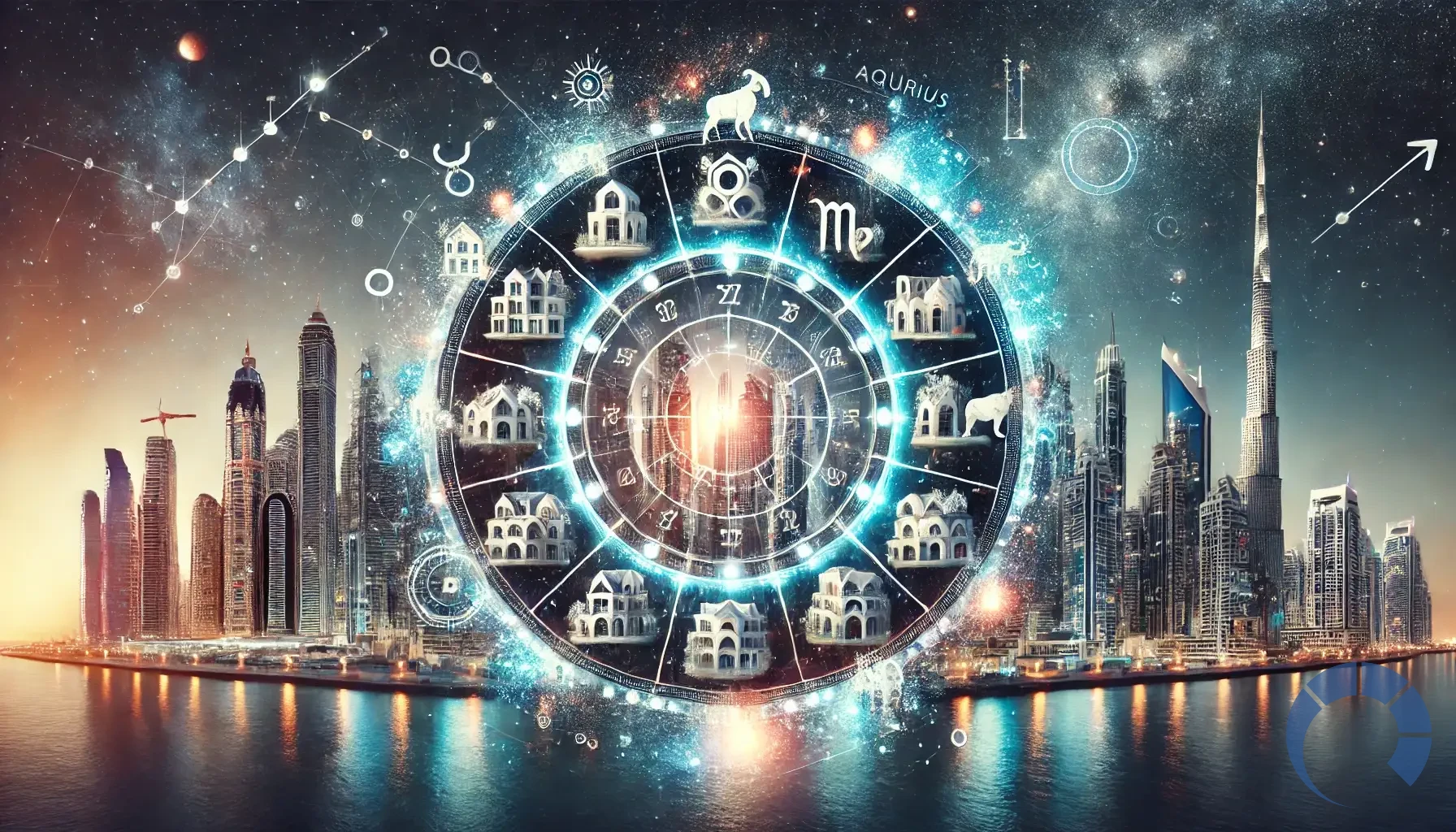 combining astrology and real estate. The scene features a zodiac wheel overlaying a luxurious modern Dubai skyl