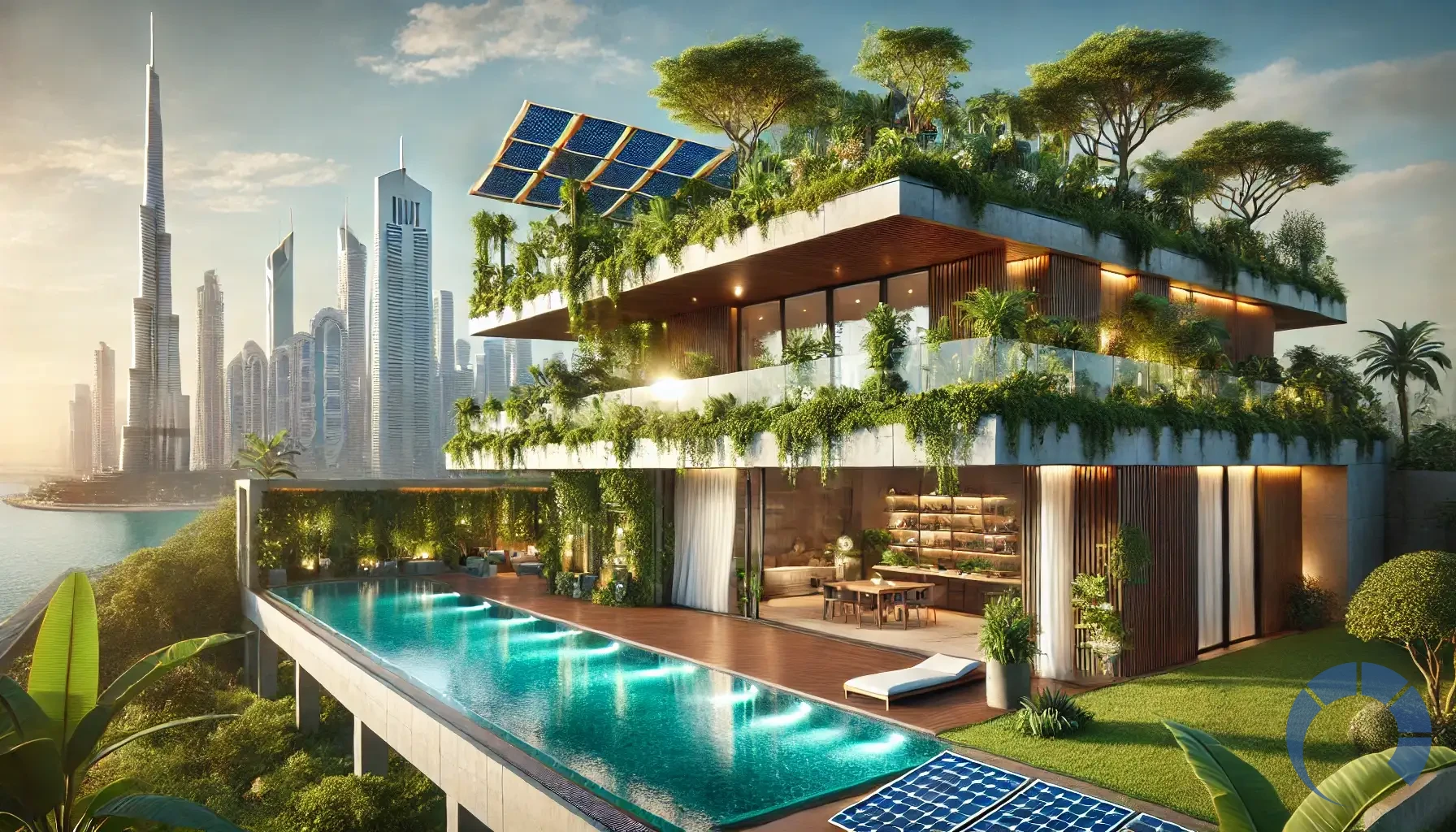 DALL·E 2024-12-27 14.53.43 - A highly realistic and captivating image showcasing the concept of eco-luxury real estate in Dubai. The scene features a modern, sustainable villa wit