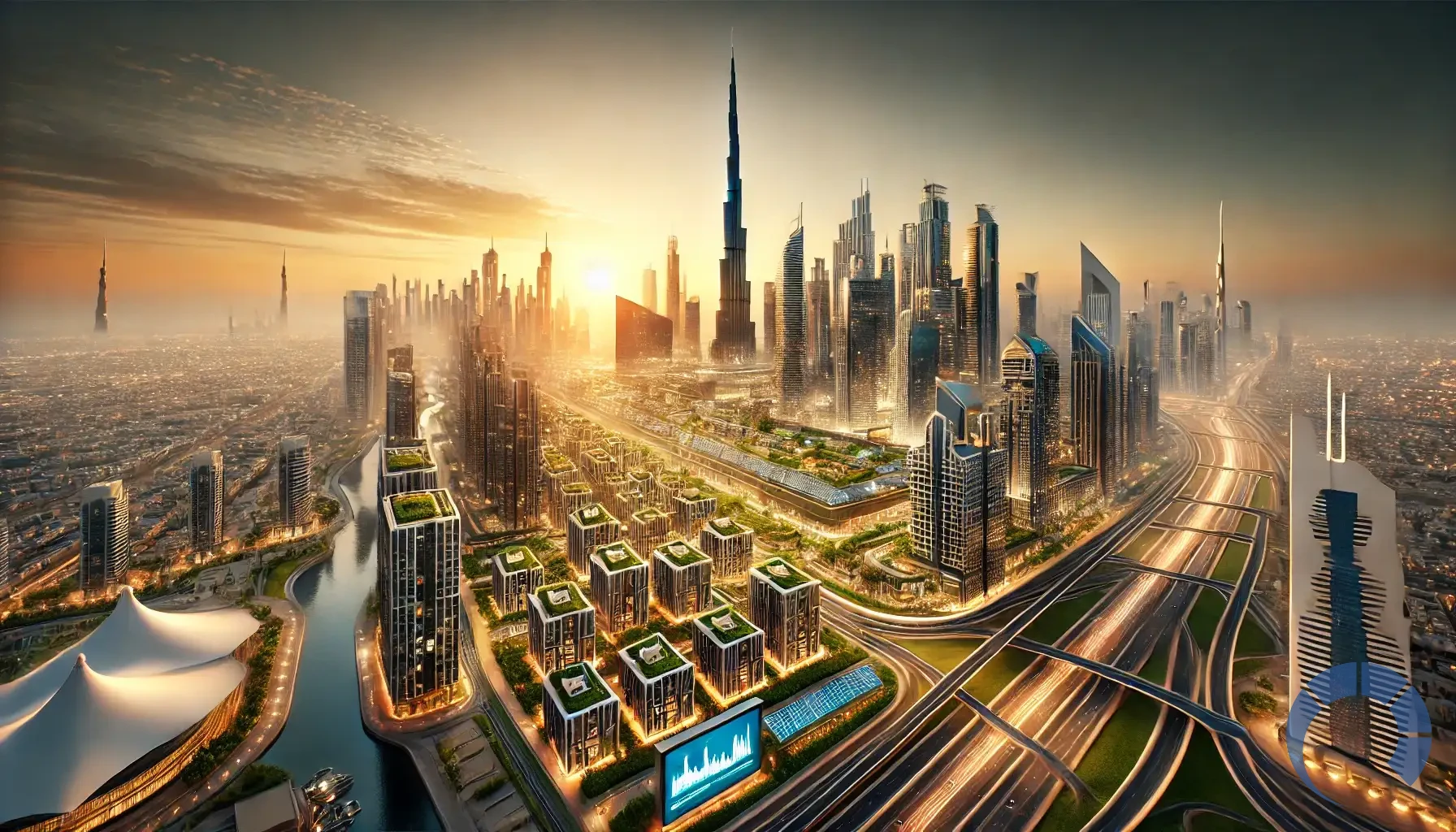 Dubai’s dynamic real estate landscape. The composition features an iconic Dubai skyline with