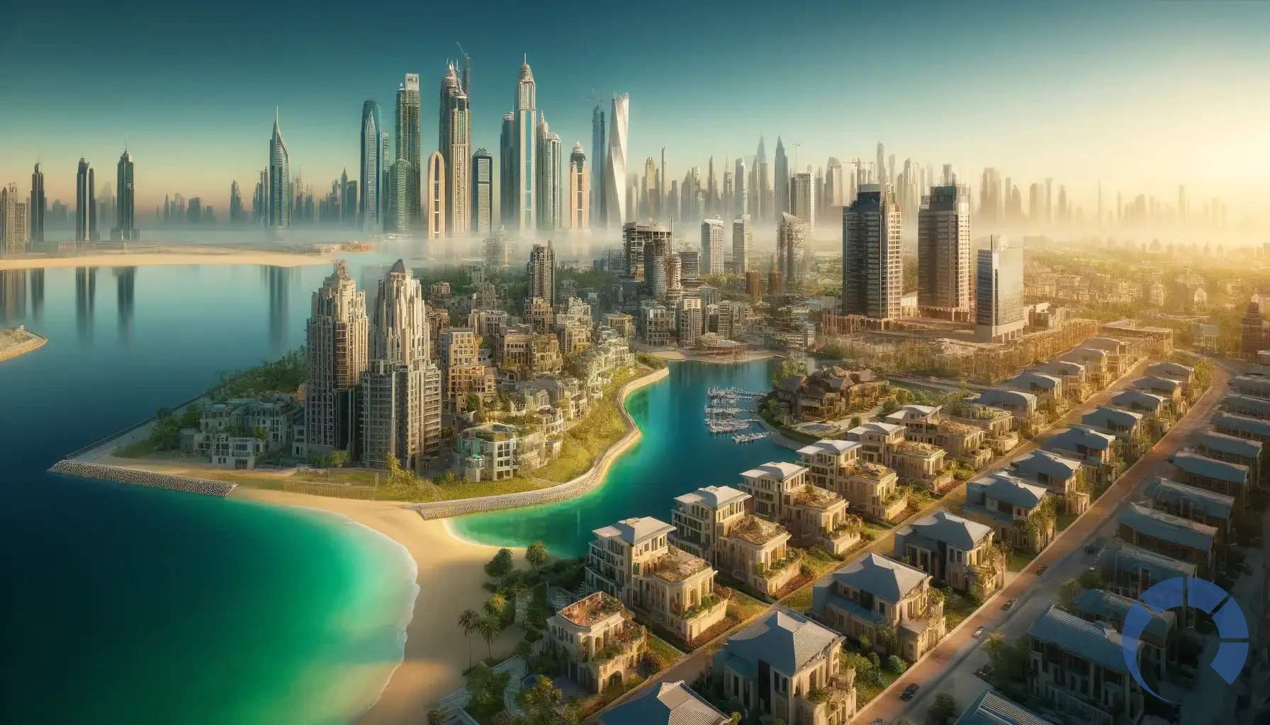 Dubai’s iconic skyline against emerging neighborhoods. The foreground