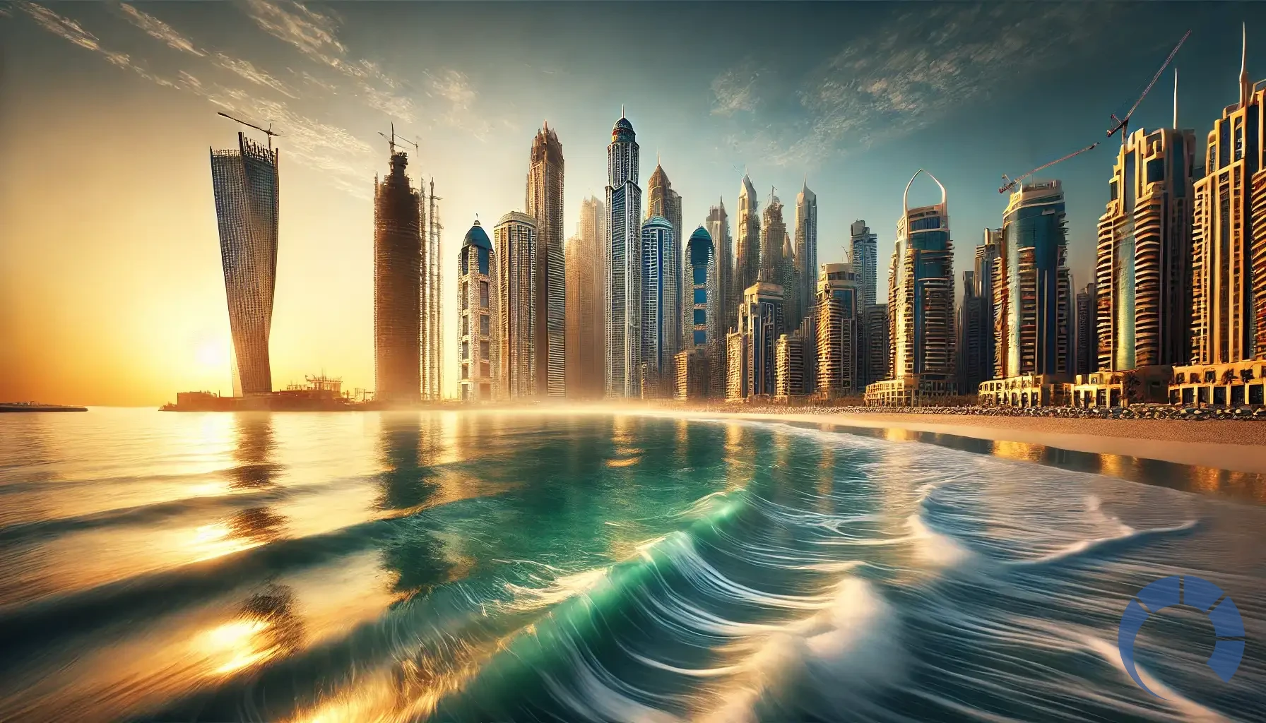 Dubai’s iconic skyline at sunrise. The scene features modern skyscrapers