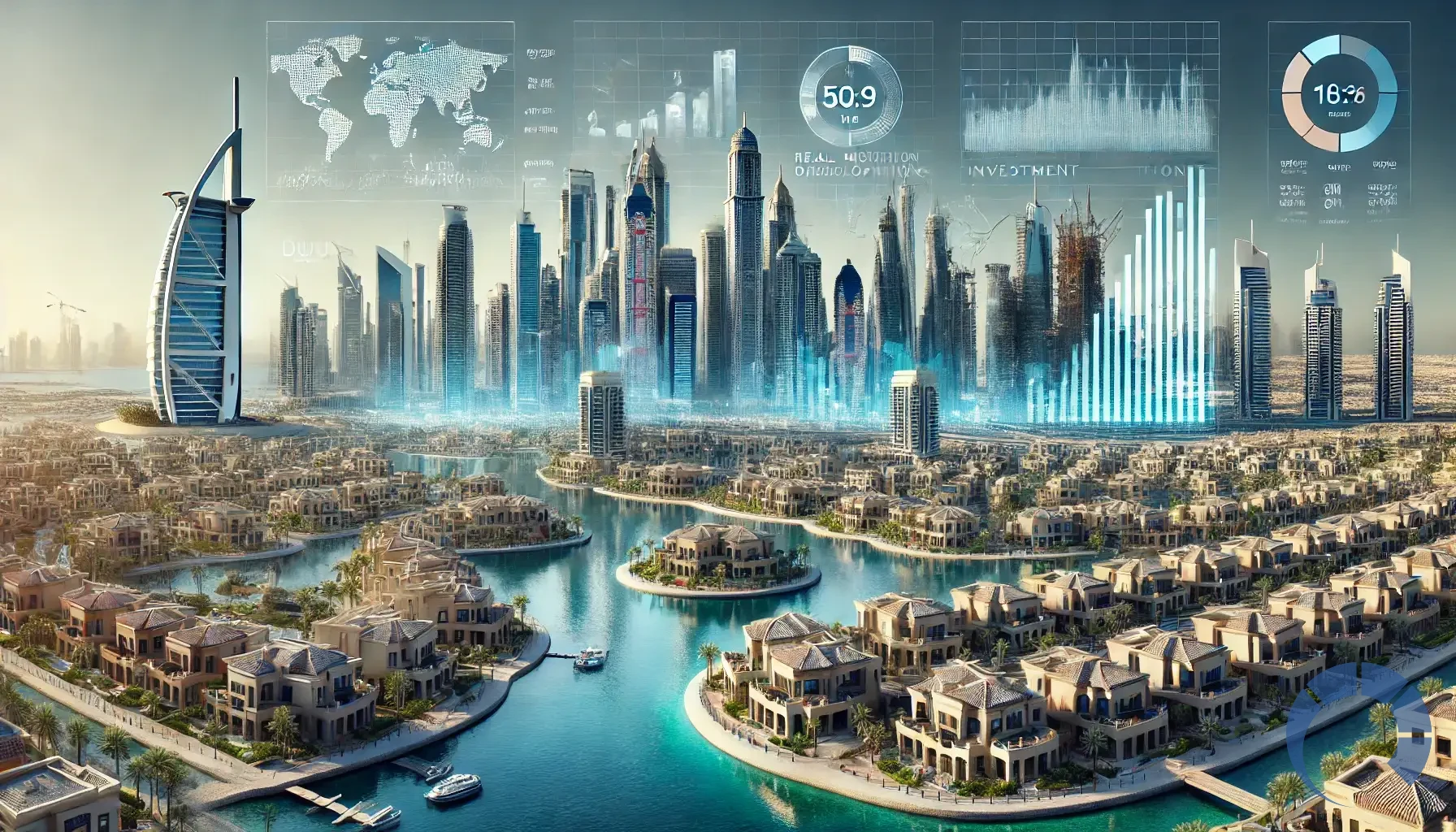 Dubai’s iconic skyline with modern skyscrapers, luxurious villas, and bustl