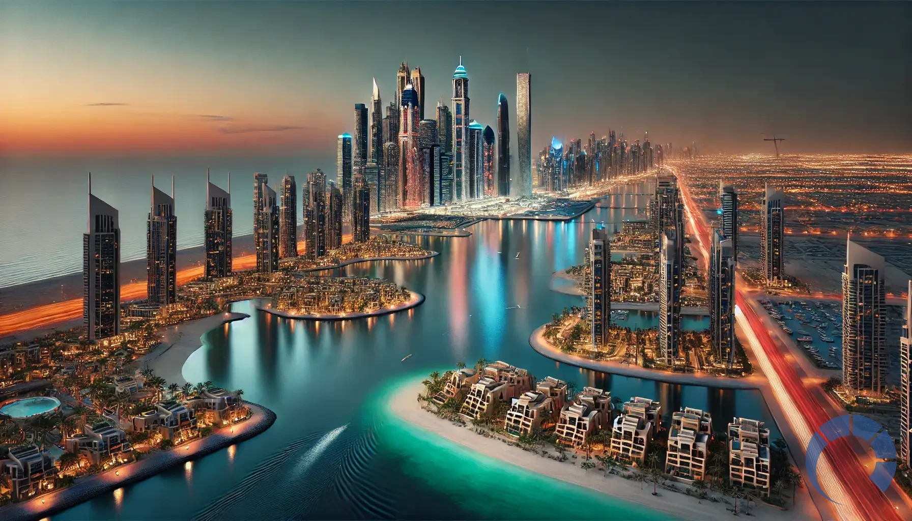 Dubai’s skyline at dusk, featuring both modern new developments and esta