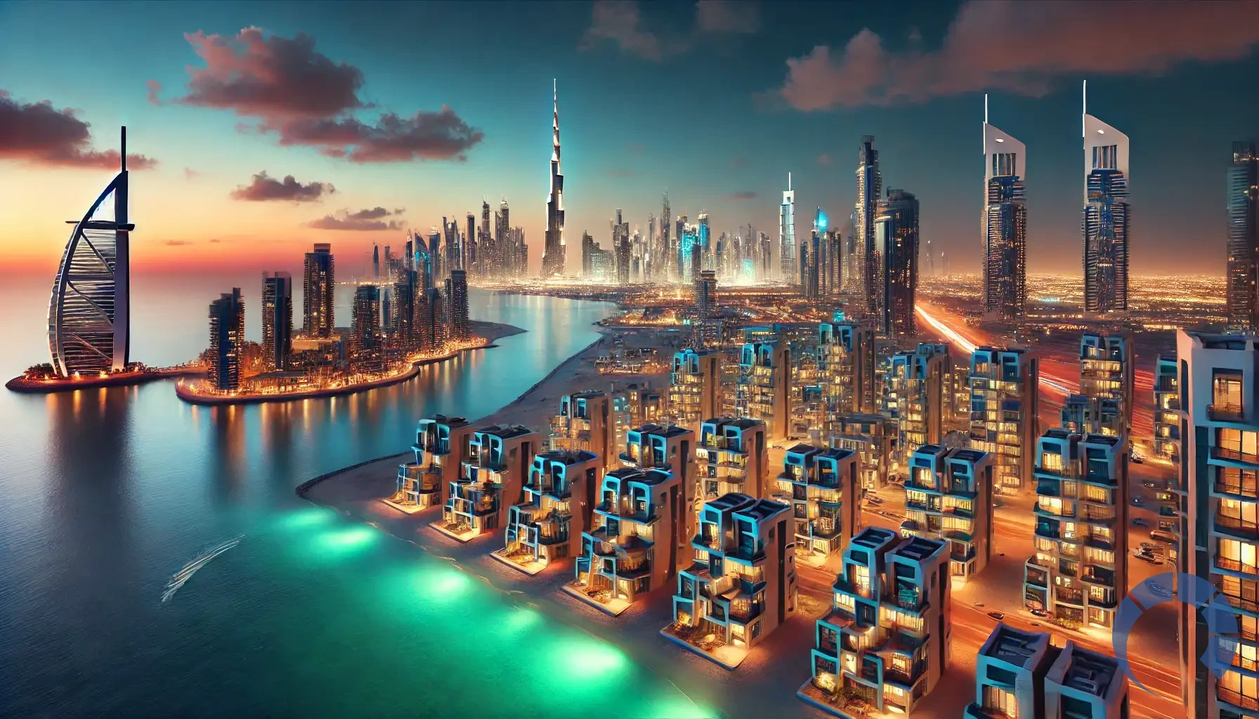 Dubai’s skyline at dusk, showcasing a contrast between modern emerging n