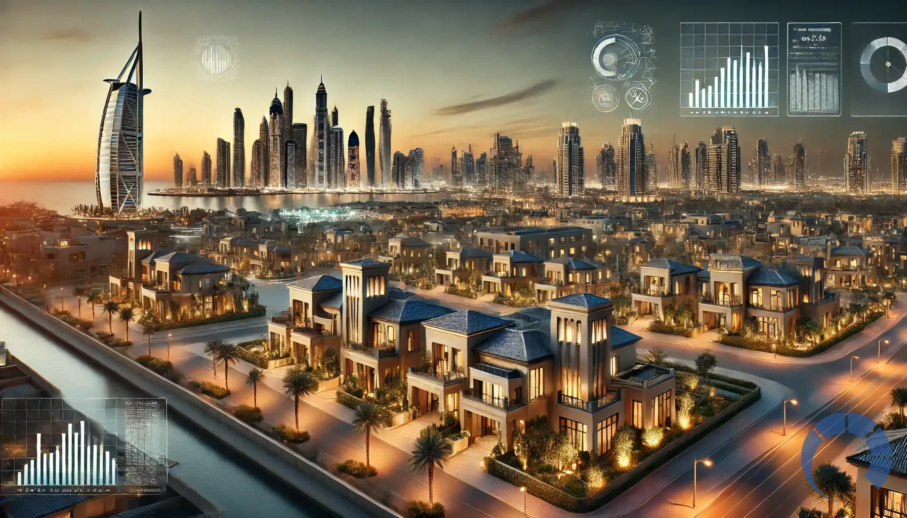 modern Dubai skyline at dusk, featuring iconic landmarks such as the Burj Khalifa and Palm Jumeirah i