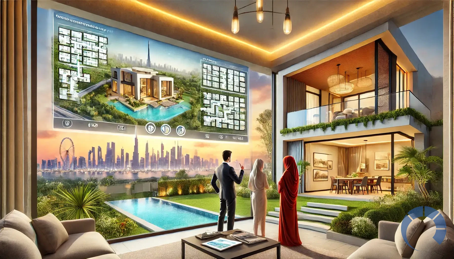 process of buying a villa in Dubai, showcasing a luxurious villa with a private garden, pool, and modern